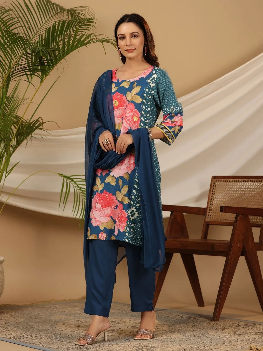 Jashvi Blue Floral Printed Rayon Kurta Pants & Dupatta Set With Sequins Work