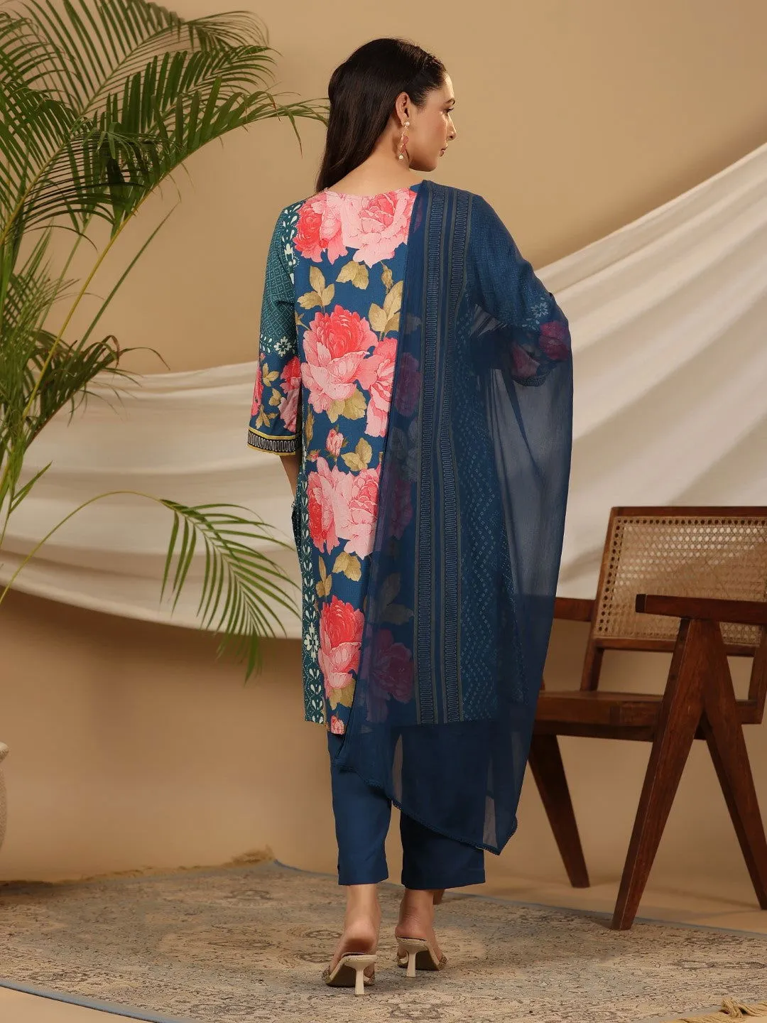 Jashvi Blue Floral Printed Rayon Kurta Pants & Dupatta Set With Sequins Work