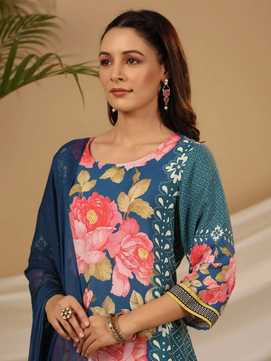 Jashvi Blue Floral Printed Rayon Kurta Pants & Dupatta Set With Sequins Work