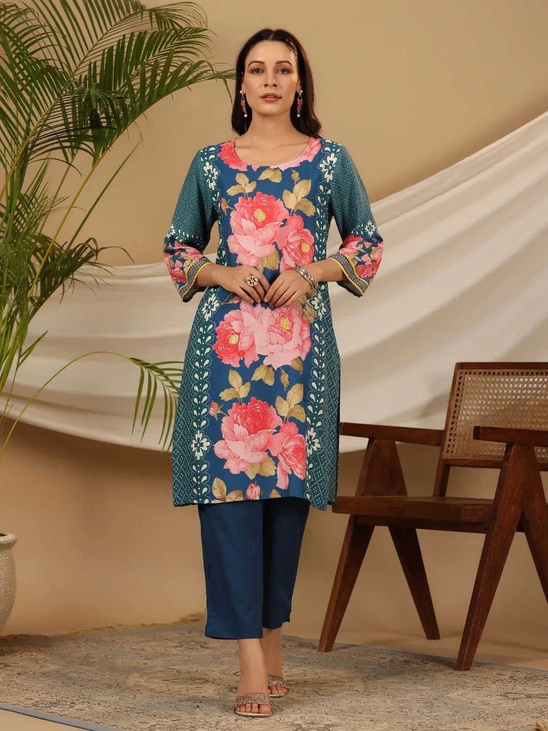 Jashvi Blue Floral Printed Rayon Kurta Pants & Dupatta Set With Sequins Work
