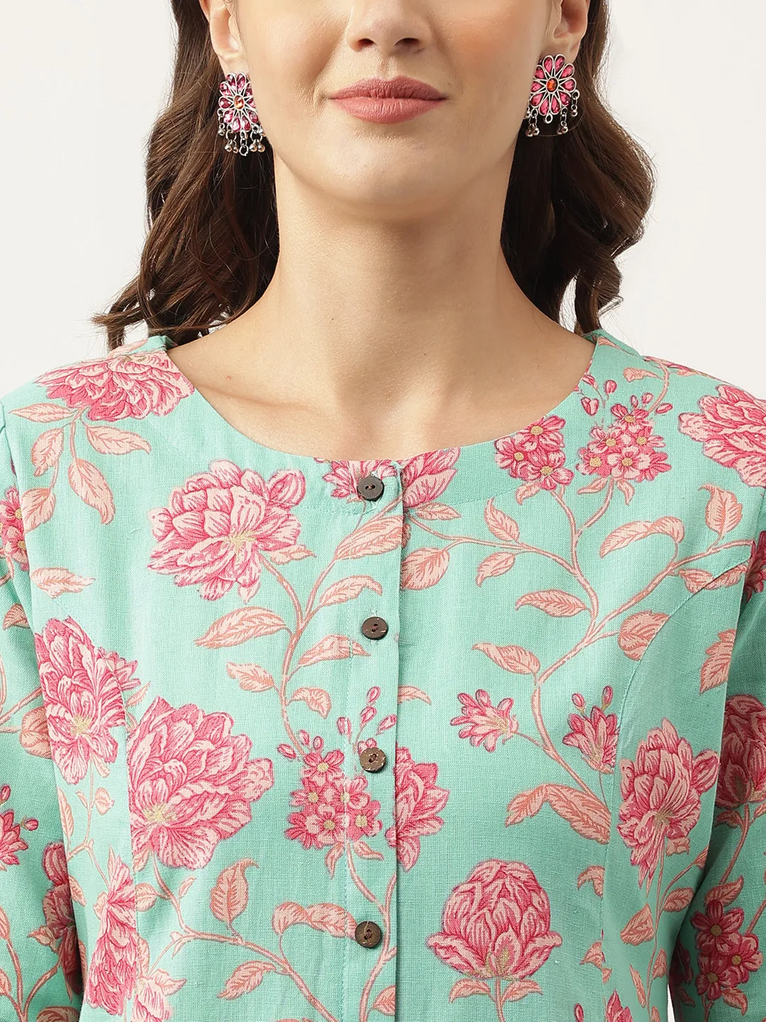 Jashvi Green Floral Printed Cotton A-Line Kurta