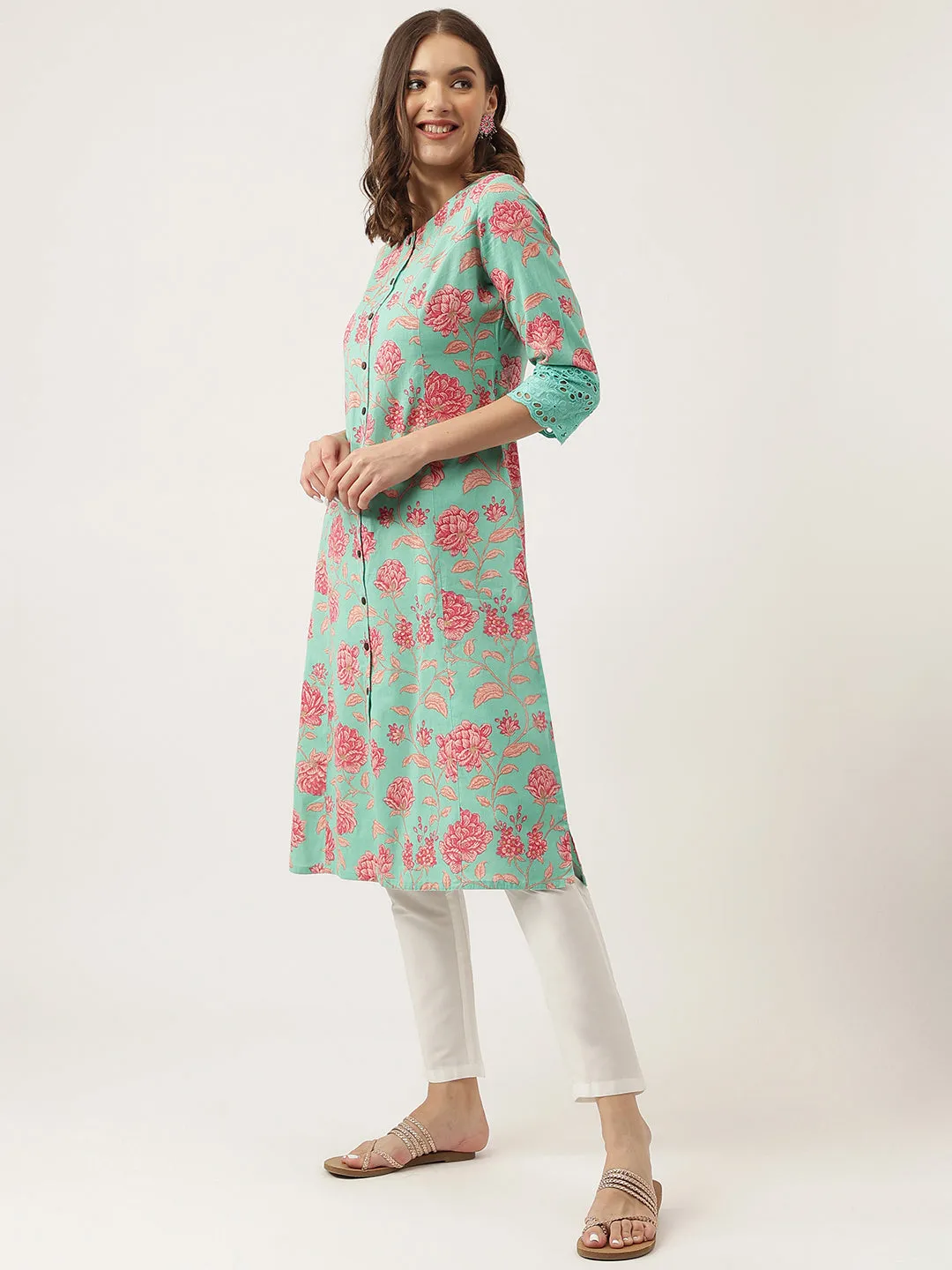Jashvi Green Floral Printed Cotton A-Line Kurta