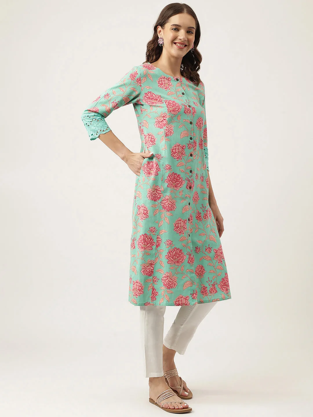 Jashvi Green Floral Printed Cotton A-Line Kurta