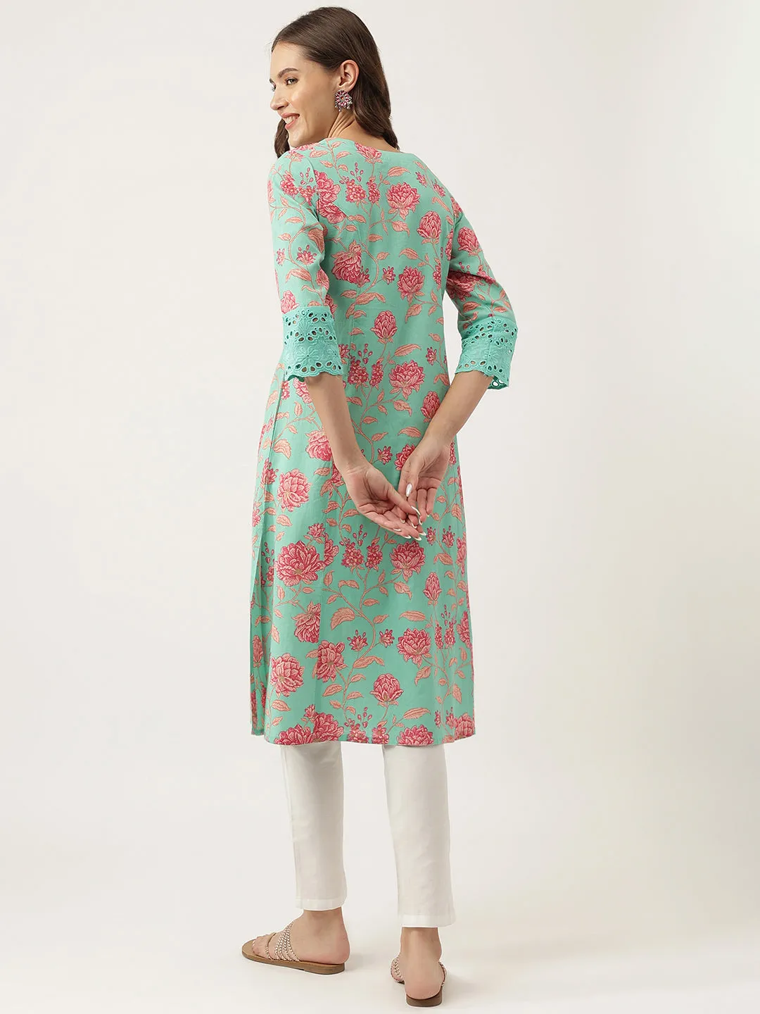 Jashvi Green Floral Printed Cotton A-Line Kurta