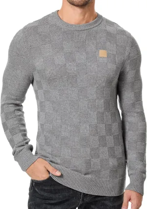 JMIERR Men's Crewneck Sweater Casual Fall Checkered Long Sleeve Knit Pullover Sweaters