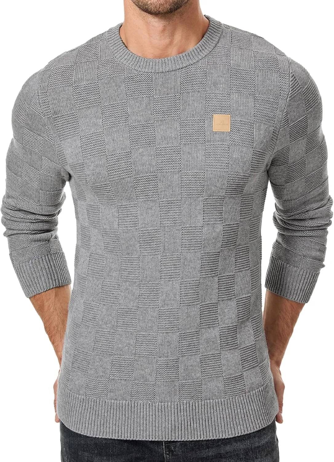 JMIERR Men's Crewneck Sweater Casual Fall Checkered Long Sleeve Knit Pullover Sweaters
