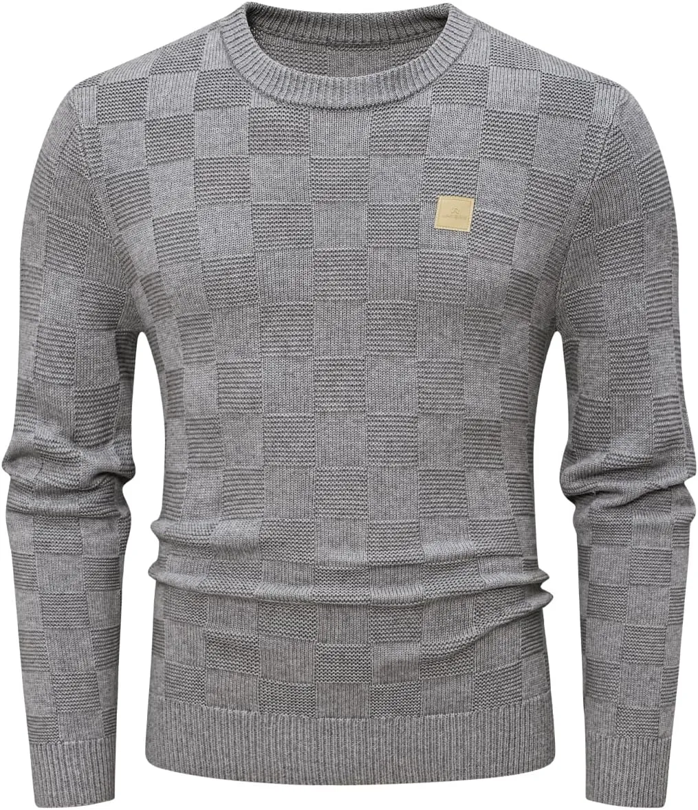 JMIERR Men's Crewneck Sweater Casual Fall Checkered Long Sleeve Knit Pullover Sweaters