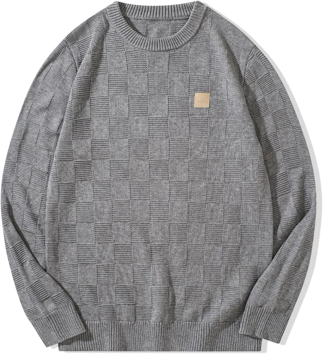 JMIERR Men's Crewneck Sweater Casual Fall Checkered Long Sleeve Knit Pullover Sweaters