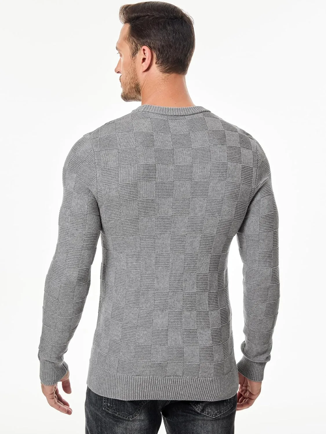JMIERR Men's Crewneck Sweater Casual Fall Checkered Long Sleeve Knit Pullover Sweaters