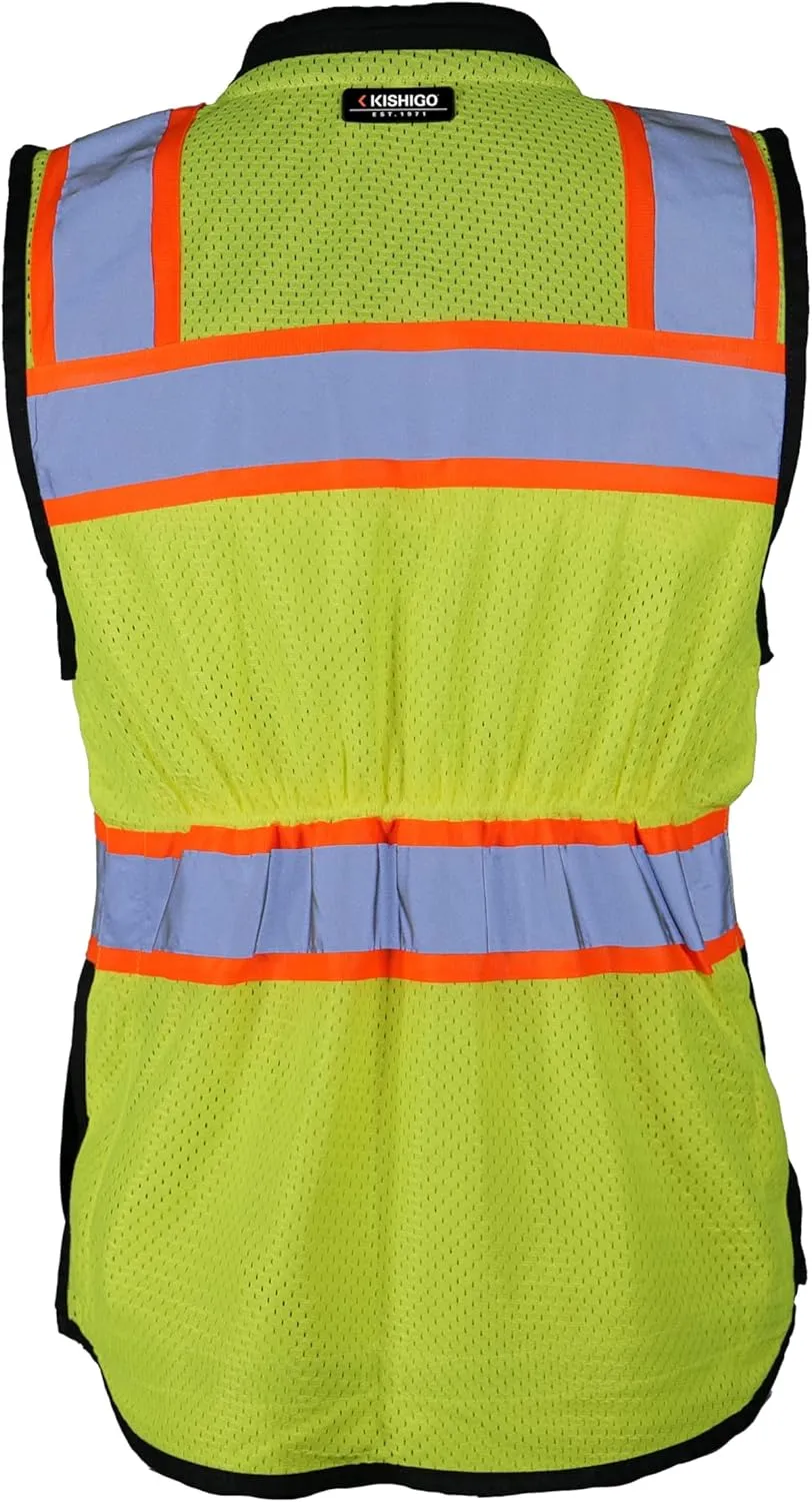 Kishigo Women's High Visibility Reflective Premium Black Series Heavy Duty Surveyors Vest S5021, Polyester