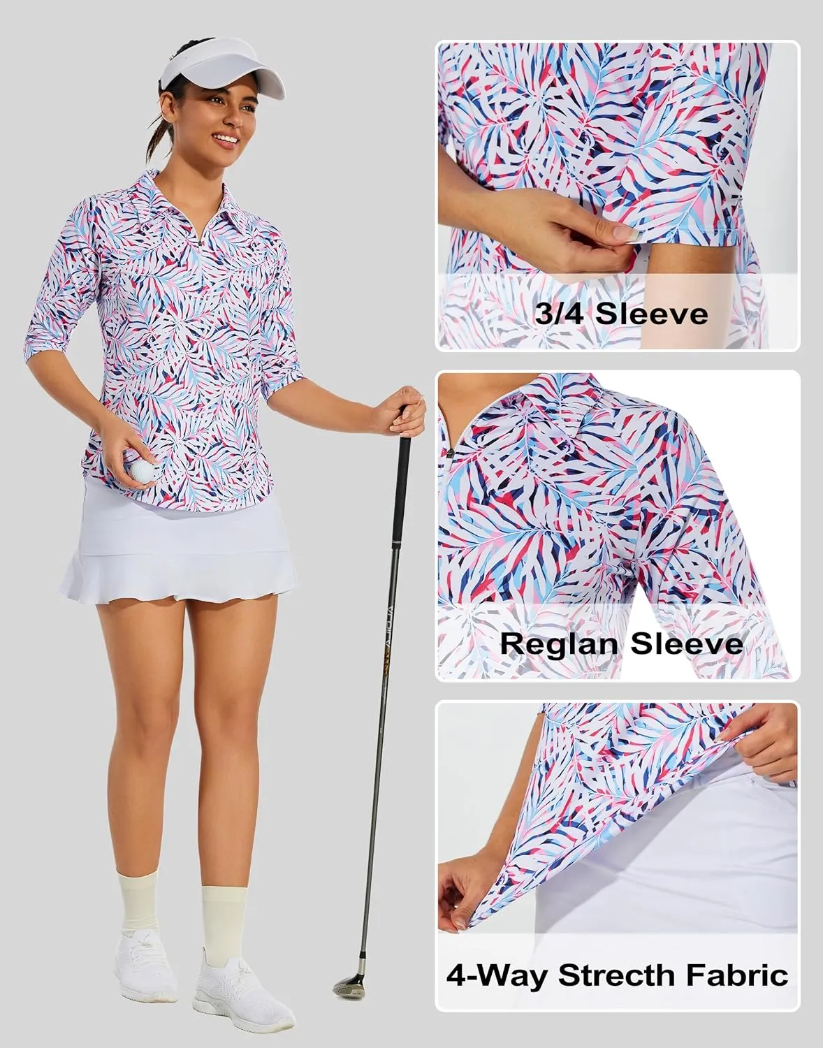 M MOTEEPI 3/4 Length Sleeve Womens Golf Polo Shirt Ladies Workout Tops Polo Shirts for Women Golf Pullover