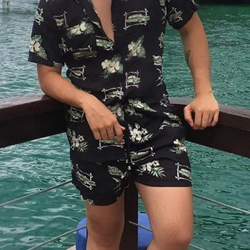 Men Printed Casual Sports Short Sleeve Suit