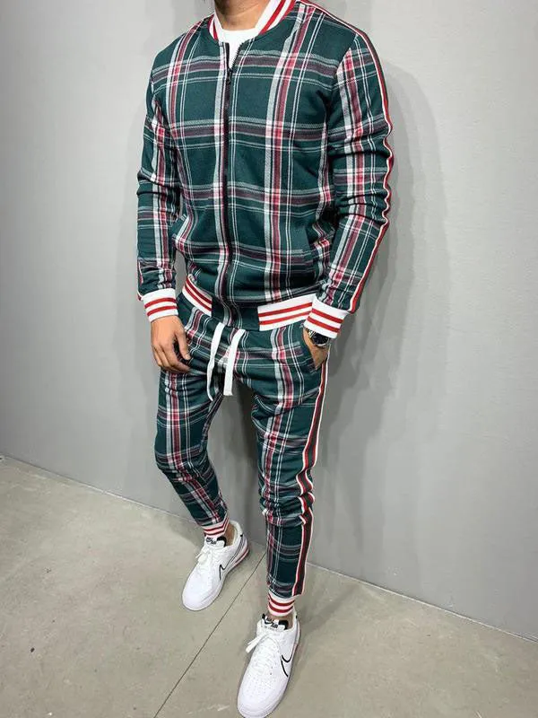 Men's Plaid Casual Tracksuit Two-Piece Outfit