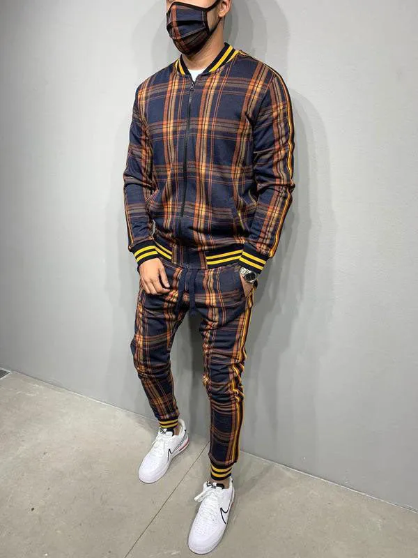 Men's Plaid Casual Tracksuit Two-Piece Outfit
