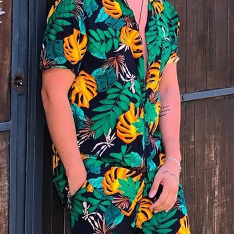 Men's Plant Printed Sports Short Sleeve Suit