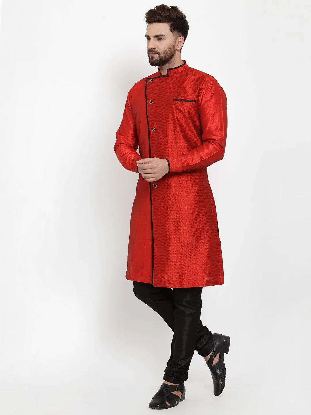 Men's Red Self Design Kurta With Black Churidaar Pyjama - Benstoke