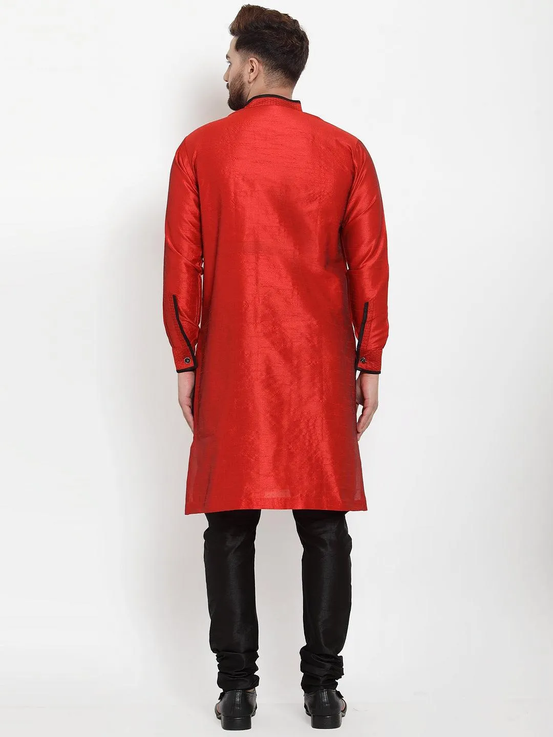 Men's Red Self Design Kurta With Black Churidaar Pyjama - Benstoke