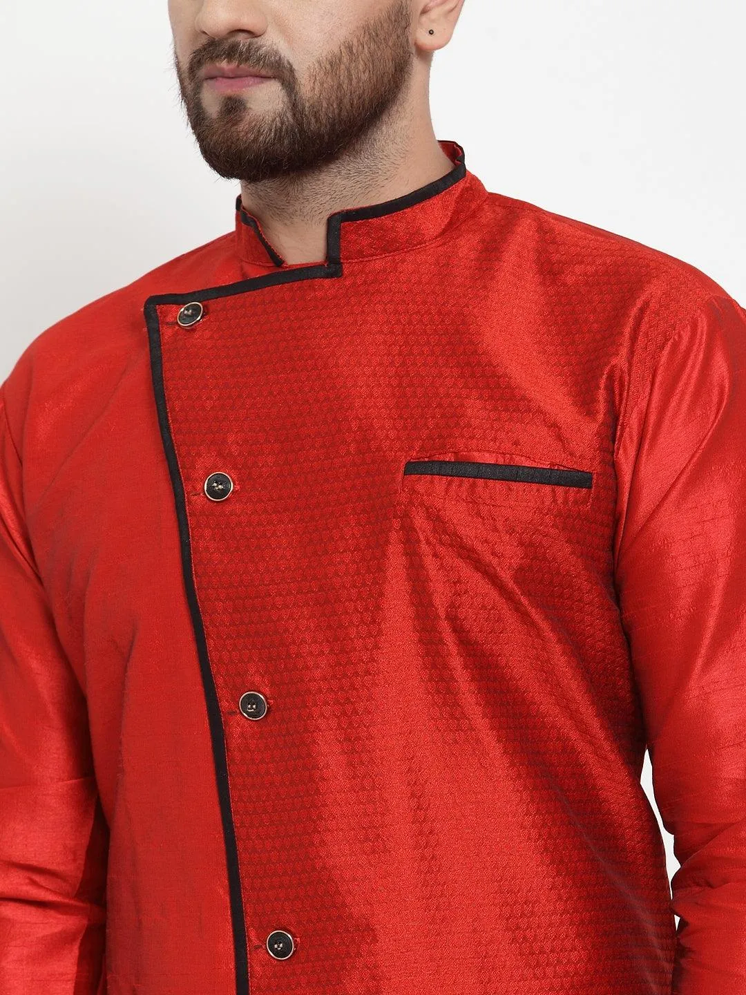 Men's Red Self Design Kurta With Black Churidaar Pyjama - Benstoke
