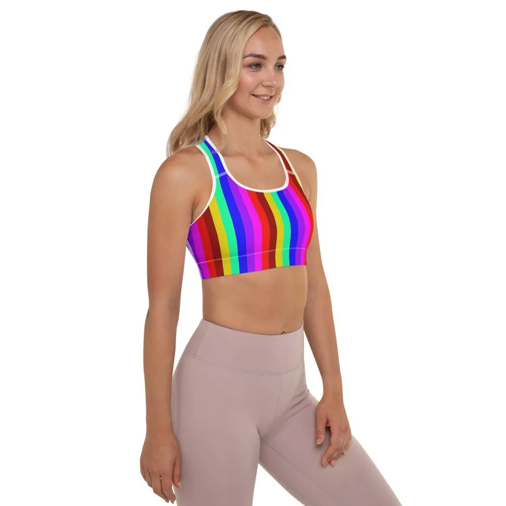 Rainbow Stripe Print Sports Bra, Women's Padded Gym Fitness Workout Bra-Made in USA/EU