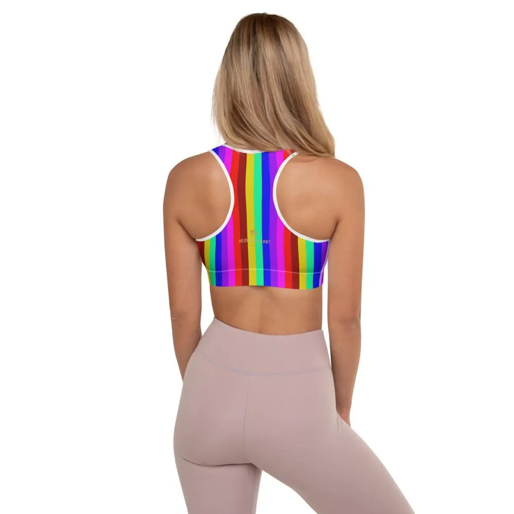 Rainbow Stripe Print Sports Bra, Women's Padded Gym Fitness Workout Bra-Made in USA/EU