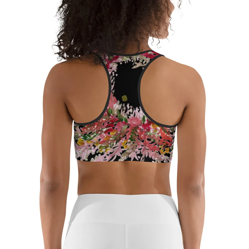 Red Black Flower Sports Bra, Best Fall Floral Print Women's Fitness Gym Lover's Unpadded Sports Bra- Made in USA
