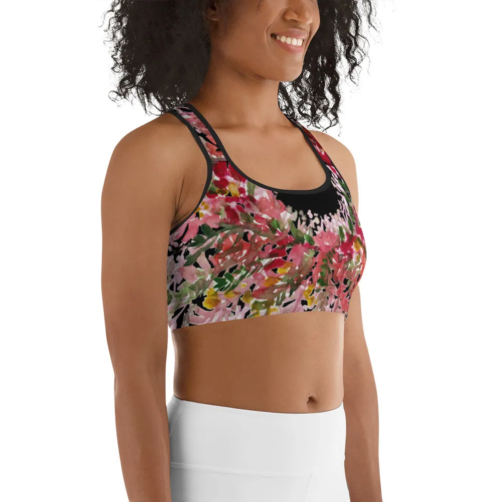 Red Black Flower Sports Bra, Best Fall Floral Print Women's Fitness Gym Lover's Unpadded Sports Bra- Made in USA