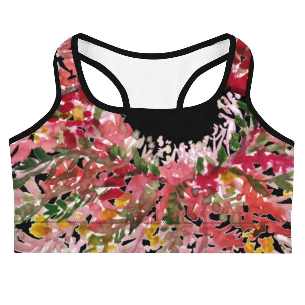 Red Black Flower Sports Bra, Best Fall Floral Print Women's Fitness Gym Lover's Unpadded Sports Bra- Made in USA