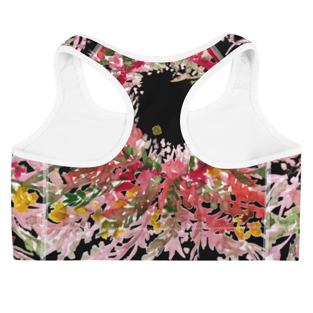 Red Black Flower Sports Bra, Best Fall Floral Print Women's Fitness Gym Lover's Unpadded Sports Bra- Made in USA