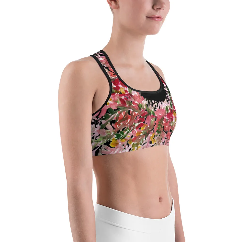 Red Black Flower Sports Bra, Best Fall Floral Print Women's Fitness Gym Lover's Unpadded Sports Bra- Made in USA