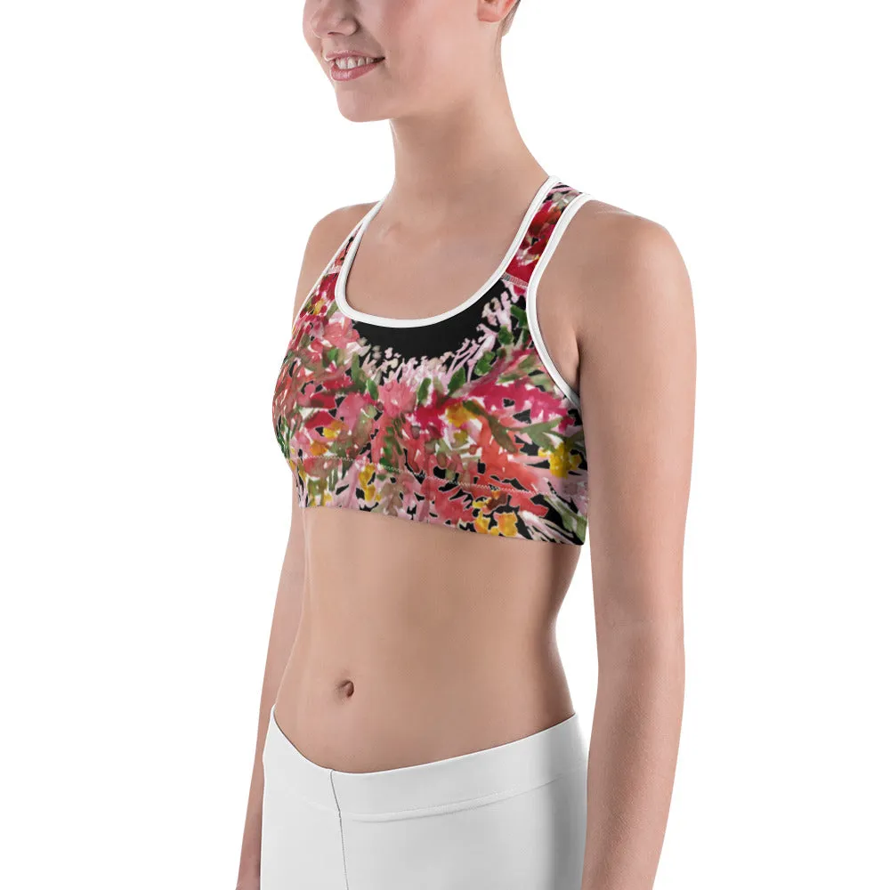 Red Black Flower Sports Bra, Best Fall Floral Print Women's Fitness Gym Lover's Unpadded Sports Bra- Made in USA