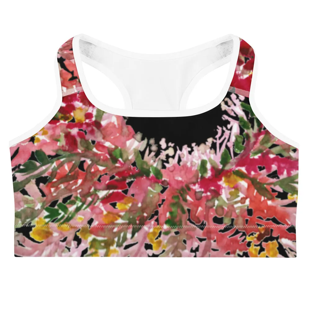 Red Black Flower Sports Bra, Best Fall Floral Print Women's Fitness Gym Lover's Unpadded Sports Bra- Made in USA