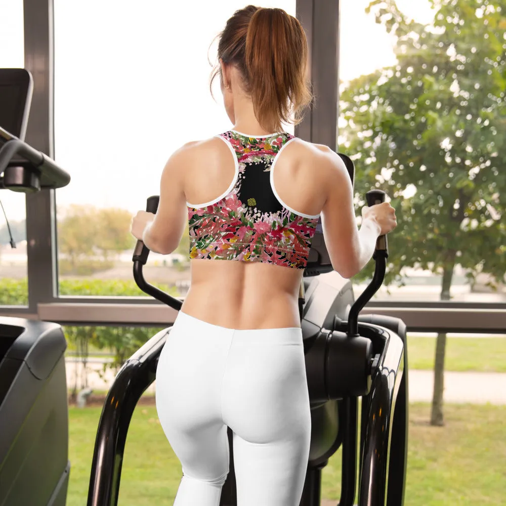 Red Black Flower Sports Bra, Best Fall Floral Print Women's Fitness Gym Lover's Unpadded Sports Bra- Made in USA