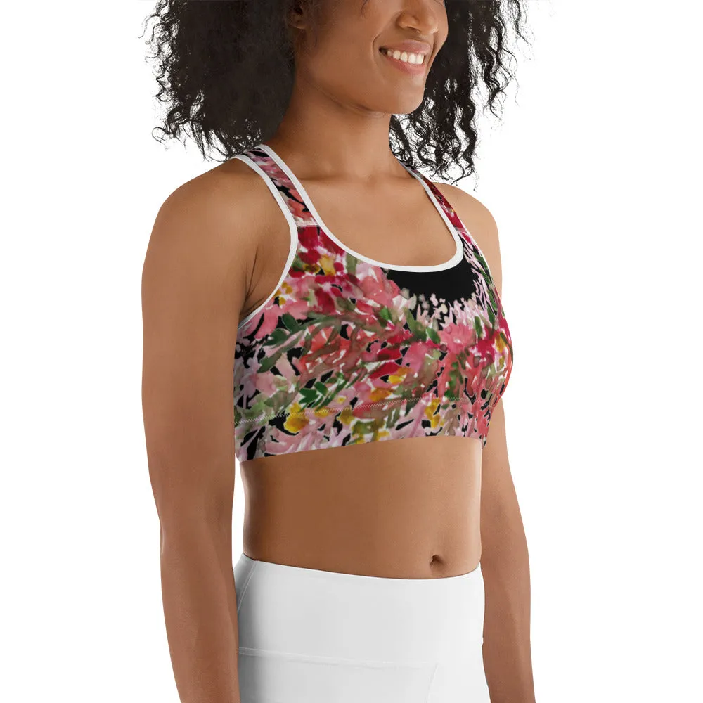Red Black Flower Sports Bra, Best Fall Floral Print Women's Fitness Gym Lover's Unpadded Sports Bra- Made in USA
