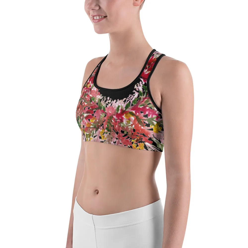 Red Black Flower Sports Bra, Best Fall Floral Print Women's Fitness Gym Lover's Unpadded Sports Bra- Made in USA