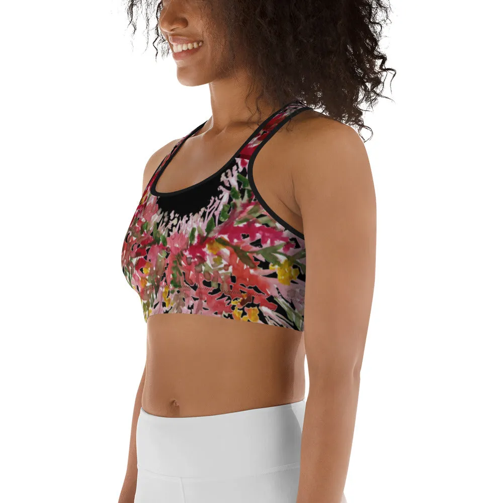 Red Black Flower Sports Bra, Best Fall Floral Print Women's Fitness Gym Lover's Unpadded Sports Bra- Made in USA