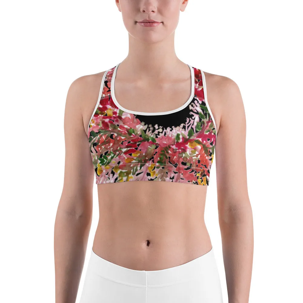 Red Black Flower Sports Bra, Best Fall Floral Print Women's Fitness Gym Lover's Unpadded Sports Bra- Made in USA