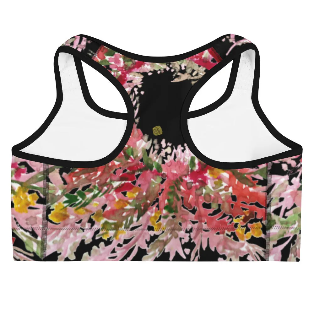 Red Black Flower Sports Bra, Best Fall Floral Print Women's Fitness Gym Lover's Unpadded Sports Bra- Made in USA