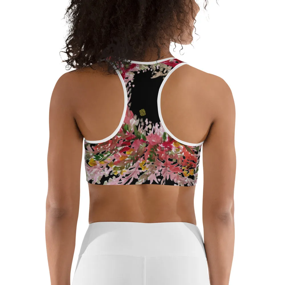 Red Black Flower Sports Bra, Best Fall Floral Print Women's Fitness Gym Lover's Unpadded Sports Bra- Made in USA