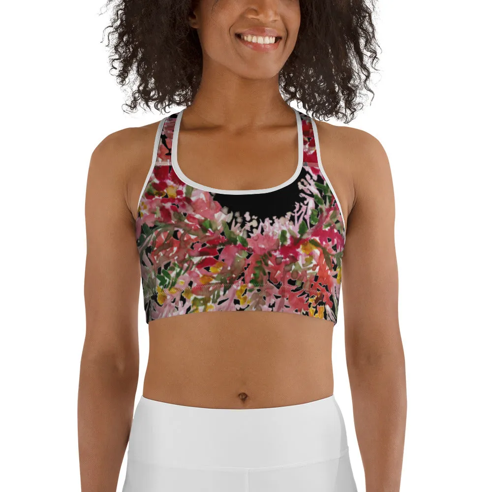 Red Black Flower Sports Bra, Best Fall Floral Print Women's Fitness Gym Lover's Unpadded Sports Bra- Made in USA