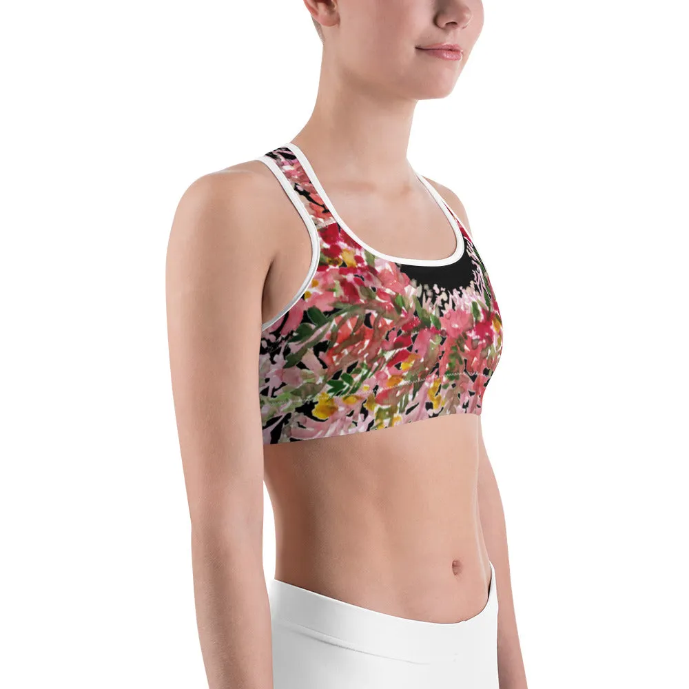 Red Black Flower Sports Bra, Best Fall Floral Print Women's Fitness Gym Lover's Unpadded Sports Bra- Made in USA