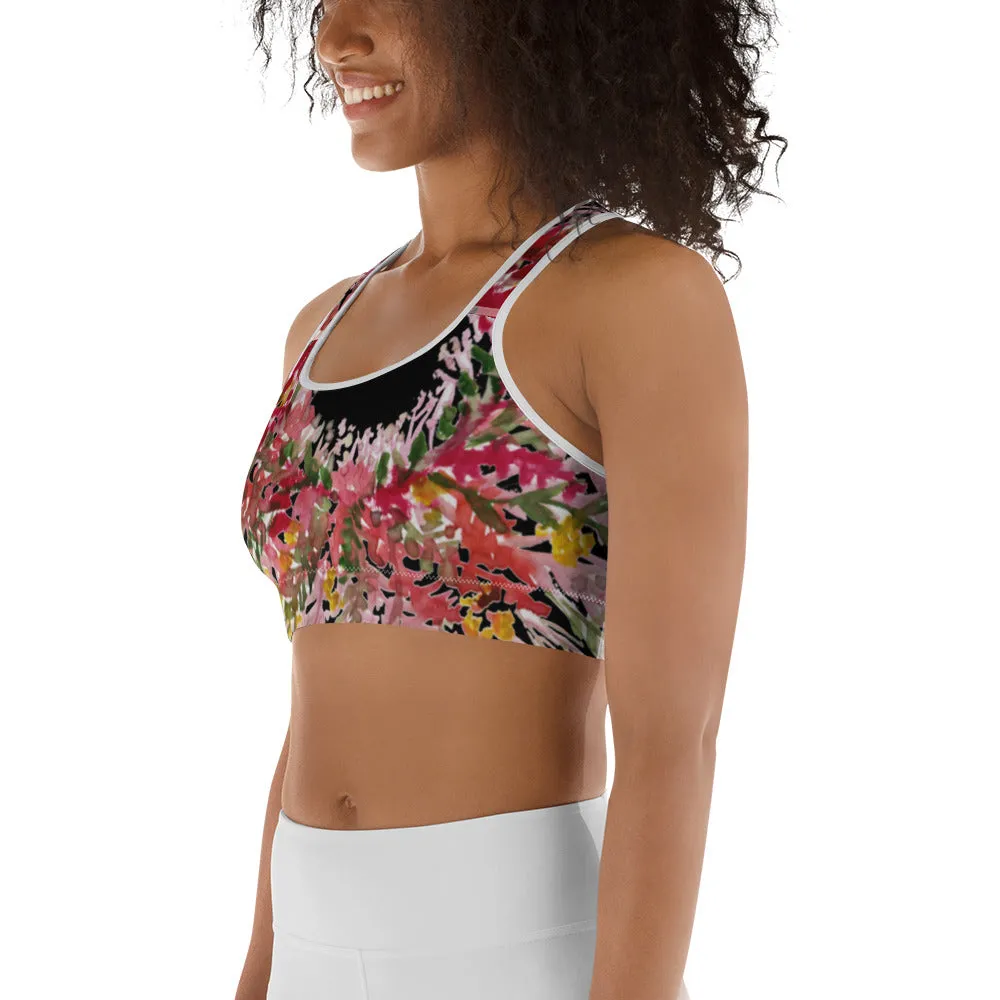 Red Black Flower Sports Bra, Best Fall Floral Print Women's Fitness Gym Lover's Unpadded Sports Bra- Made in USA