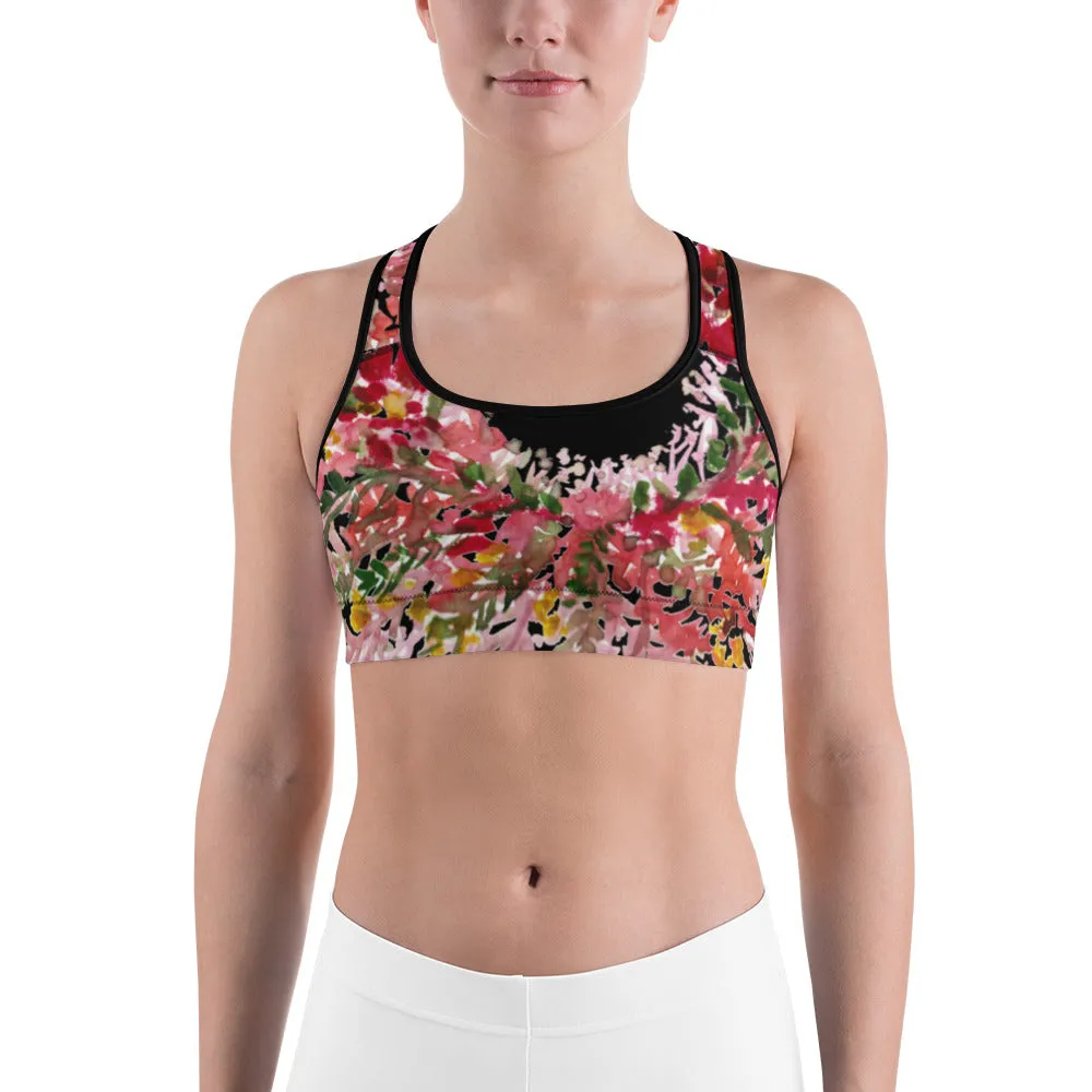 Red Black Flower Sports Bra, Best Fall Floral Print Women's Fitness Gym Lover's Unpadded Sports Bra- Made in USA