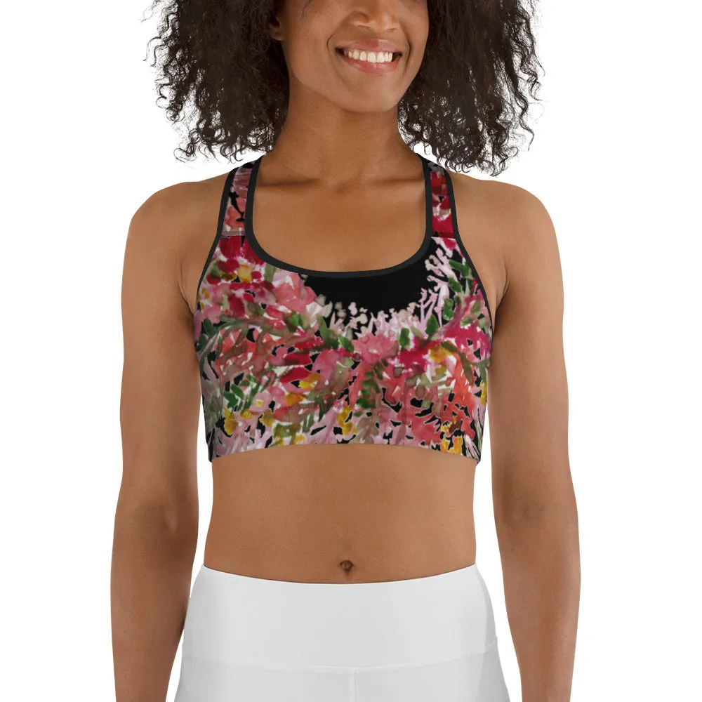 Red Black Flower Sports Bra, Best Fall Floral Print Women's Fitness Gym Lover's Unpadded Sports Bra- Made in USA