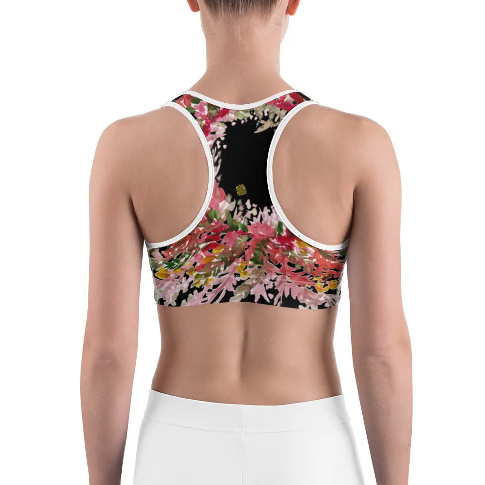 Red Black Flower Sports Bra, Best Fall Floral Print Women's Fitness Gym Lover's Unpadded Sports Bra- Made in USA