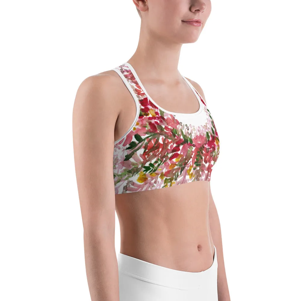 Red White Flower Sports Bra, Unpadded Fall Floral Print Women's Premium Workout Gym Sports Bra-Made in USA