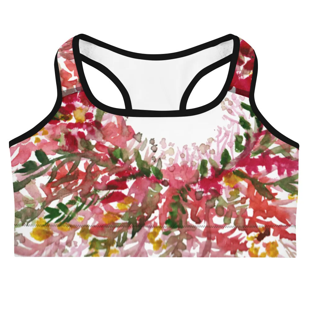 Red White Flower Sports Bra, Unpadded Fall Floral Print Women's Premium Workout Gym Sports Bra-Made in USA