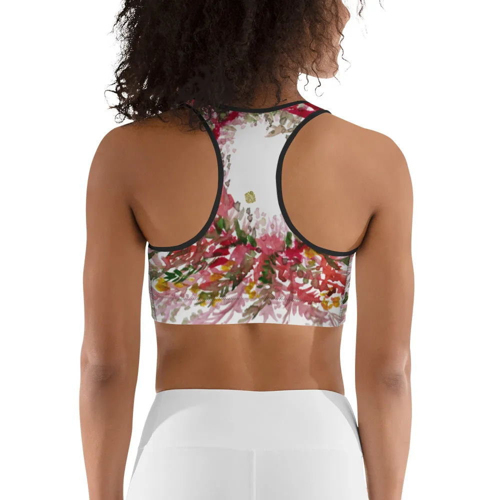 Red White Flower Sports Bra, Unpadded Fall Floral Print Women's Premium Workout Gym Sports Bra-Made in USA