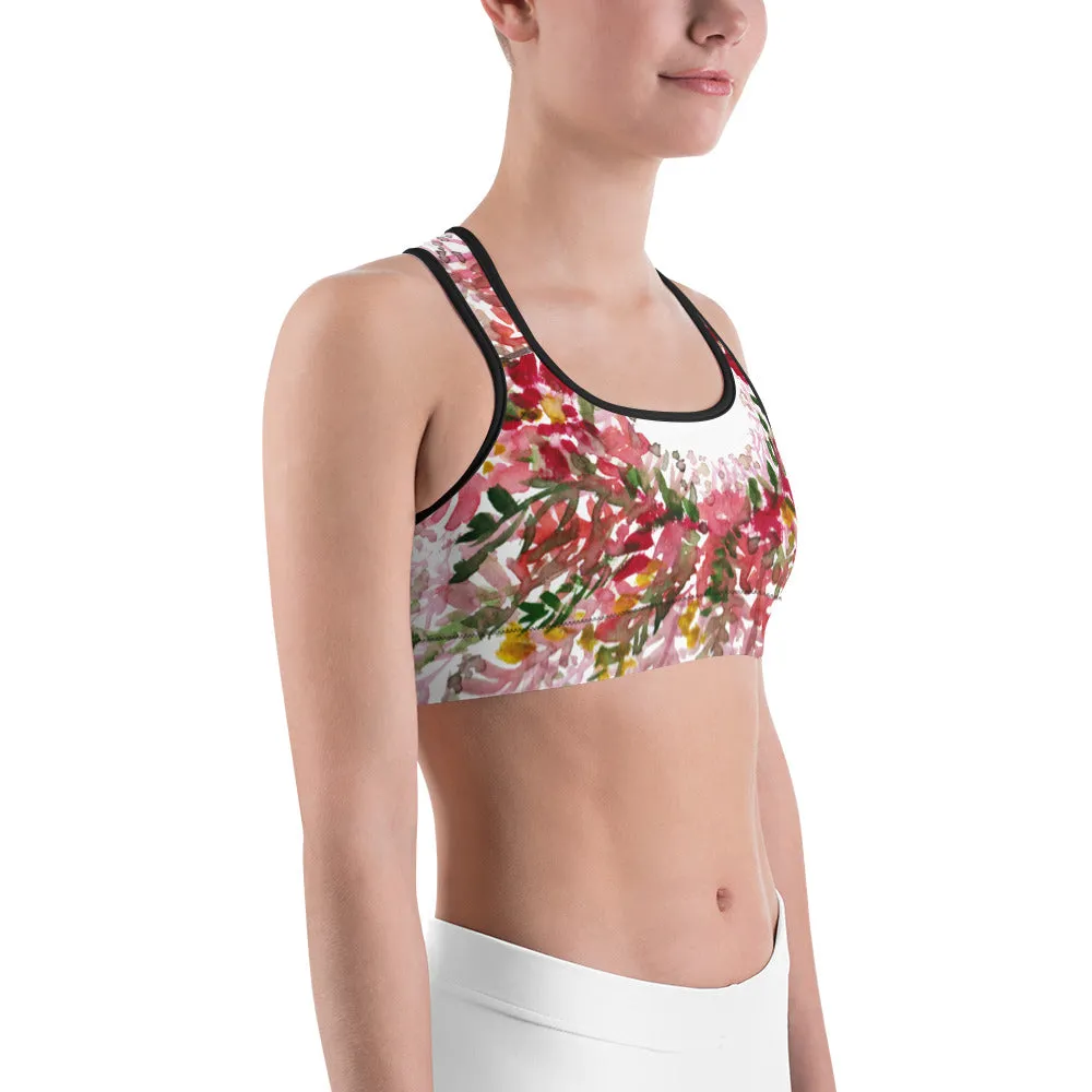 Red White Flower Sports Bra, Unpadded Fall Floral Print Women's Premium Workout Gym Sports Bra-Made in USA