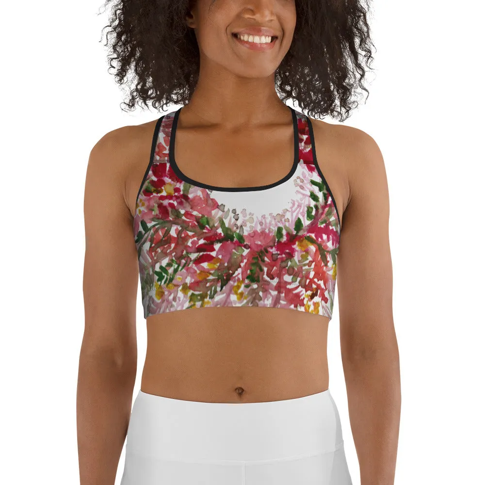 Red White Flower Sports Bra, Unpadded Fall Floral Print Women's Premium Workout Gym Sports Bra-Made in USA