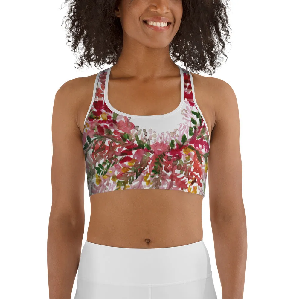 Red White Flower Sports Bra, Unpadded Fall Floral Print Women's Premium Workout Gym Sports Bra-Made in USA